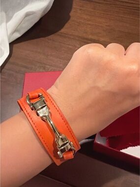 Vintage Salvatore Ferragamo Horsebit / Snaffle Bit Orange Leather Cuff Bracelet